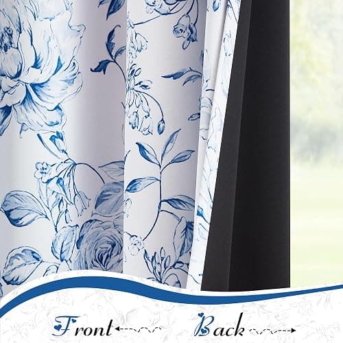Beauoop Floral 100% Blackout Curtains for Bedroom Navy Blue 50x63 2 Panels | Rose Flower Patterned Room Darkening Drapes for Living Room 90 Inch Long Farmhouse Thermal Insulated Soundproof Grommet thumbnail 3