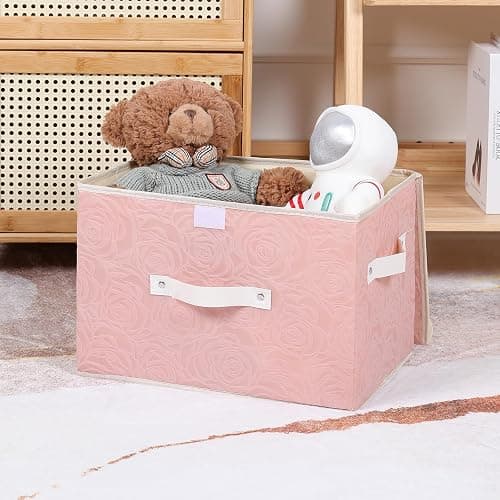 Lucky Monet Cute Storage Bin Boxes with Lids Washable Decorative Storage Boxes Pink Lidded Storage Baskets Collapsible Fabric Box Cubes with PU Leather Handles for Shelf Closet, 1 Pack Pink, Large thumbnail 2