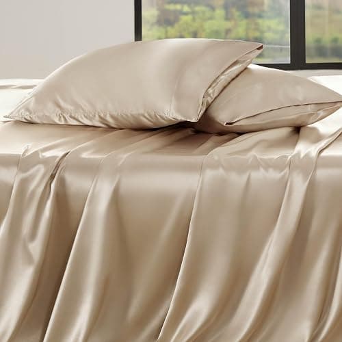 Bedsure Satin Sheets Queen Size - 4 Piece Silky Bedsheets with 15 Inches Deep Pocket Fitted Bedsheet,1 Flat Sheet, 2 Satin Pillowcases, Good for Hair & Skin (Queen, Khaki) thumbnail 8