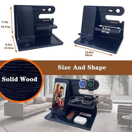 VEIYAILU Gifts for Dad Men Mom Women from Daughter Son Birthday Gifts Nightstand Organizer Mens Wood Phone Docking Station (Black) thumbnail 3