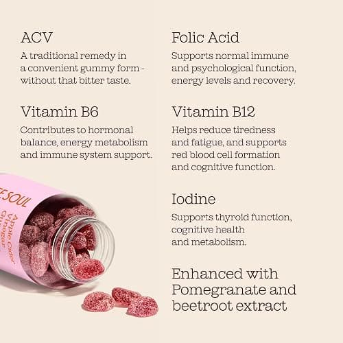 Apple Cider Vinegar Gummies with The Mother 1000mg | Enhanced with Vitamin B12 & Folic Acid | 60 Vegan ACV Capsules with Pomegranate & Beetroot Powder | Natural Ingredients by Free Soul thumbnail 8
