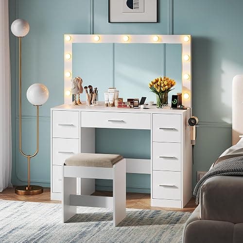 WLIVE White Vanity Desk with Large Mirror and Lights, Makeup Table w/7 Drawers & Power Outlets, Modern Vanity Table Set with Chair, Dressing Table for Bedroom Dressing Room Girl thumbnail 9