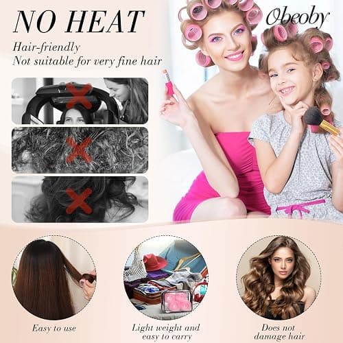 obeoby 4 Sizes Self-Grip Hair Rollers Curlers Set for Women, Pink | No-heat Set with Clips Comb (25, 36, 48, 60mm) Plastic Jumbo Large Small for Long Short Curly Bangs Styling Accessories Gifts thumbnail 5