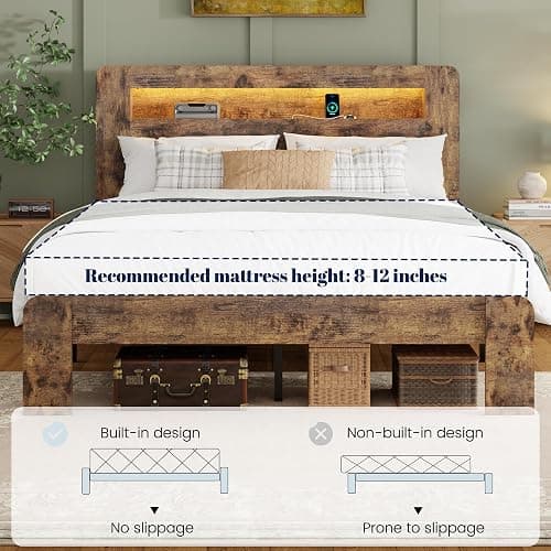 PAUKIN Full Size Wooden Bed Frame with Storage Headboard, Platform Bed Frame with Charging Station and LED Lights, Sturdy Slats, No Box Spring Required, Silent Operation, Easy to Assemble, Brown thumbnail 9