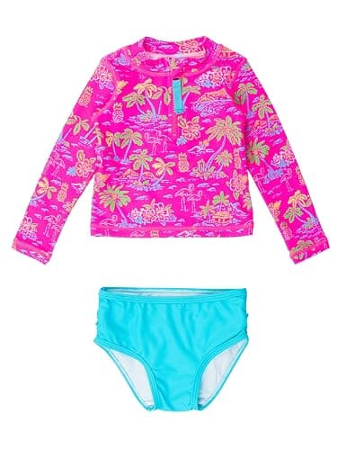 RuffleButts® Baby/Toddler Girls Long Sleeve Rash Guard 2 Piece Swimsuit Set w/UPF 50+ Sun Protection with Zipper - Image 1