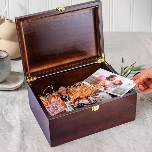 EVA murmure Larger Wooden Memory Wedding Keepsake Boxes With Hinged Lids - Decorative Storage Box With a Hinge Lids For Letter Time Capsule - Wooden Gift Boxes，5.3“*8.6”*11.7“ thumbnail 6