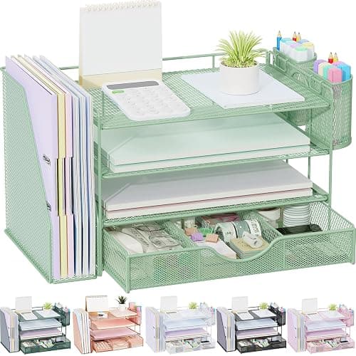 gianotter 4-Tier Desk Organizer with Drawers, File Holders, Letter Trays and Pen Holders - Workspace Accessories for Office Supplies (Sage Green) - Image 1