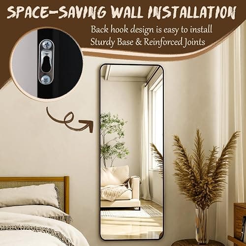 XRAMFY 56"x21" Floor Full Length Mirror Standing Full Body Rounded Corner Rectangle Mirrors with Stand Hanging Wall Mounted Leaning Bedroom Living Room Bedroom Cloakroom,Black thumbnail 7