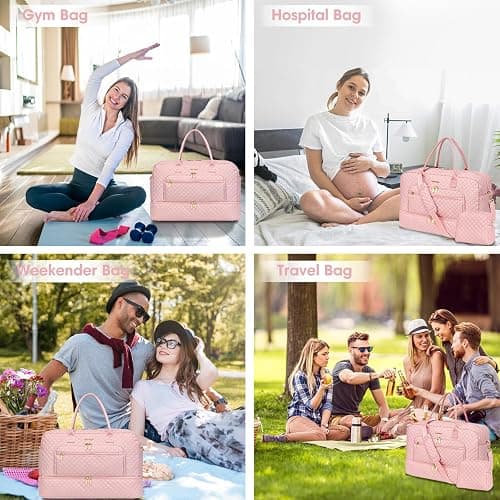 Large Women Travel Duffle Bag - Carry on Overnight Bag Weekend Travel Duffel Tote Bag Yoga Gym Bag with Wet Pocket Toiletry Weekender Overnight Bag for Travel Business Trips Sports Hospital Pink thumbnail 6