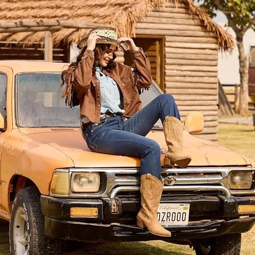 IUV Cowboy Boots For Women Western Cowgirl Boots with Chunky Heel Mid Calf Snip Toe Ideal for low insteps thumbnail 5