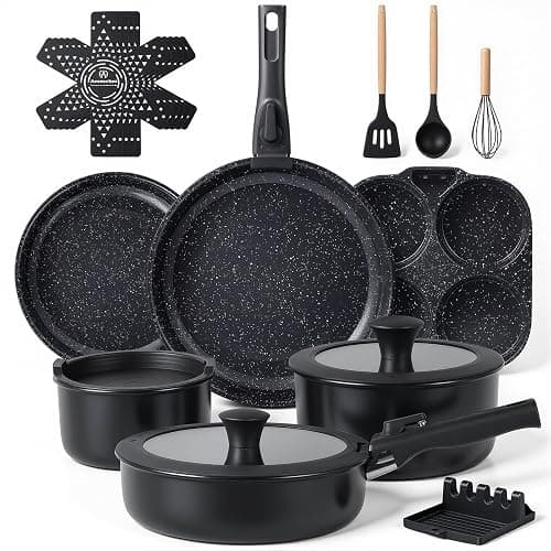 Ammeloo 21-Piece Ceramic Pots and Pans Set Non Stick with Detachable Handles and Egg Frying Pan, Non-Toxic Cookware, Induction Ready, Oven Safe, Stackable for Storage, Black Speckled - Image 1