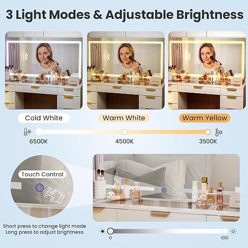 Pamapic Glass Top Vanity Desk with Mirror and Lights, 11 Drawers Makeup Vanity with Charging Station and Chair, Golden Handles Dressing Table, 3 Lighting Modes Makeup Table, White thumbnail 8
