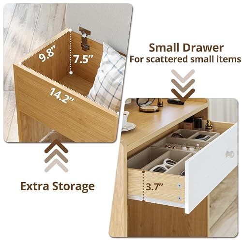 LIKIMIO Small Makeup Vanity Desk with Mirror and Lights, Vanity Table Set with Storage Drawer, Chair and Three Shelves, Bedroom, Wood thumbnail 4