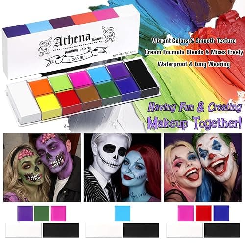 UCANBE Athena Basic Face Body Paint Oil Palette, 12 Color Large Black White Professional Face Painting Makeup Kit, Facepaint Pallet for Halloween SFX Party Art Stage Costume Cosplay Clown Goth Make Up thumbnail 6