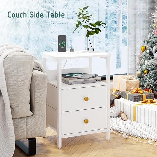 JOONEE White Nightstand with Outlet and LED Lights, Modern Bedside Table with Drawers, Small Night Table for Living Room, Bedroom thumbnail 8
