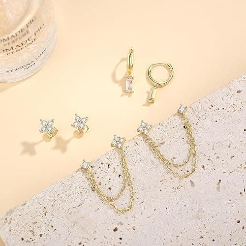 Gold Chain Stud Earrings for Women Trendy Minimalist 14K Gold Small Huggie Hoop Birthstone Earring Sets for Multiple Piercing Hypoallergenic Earring Stacks thumbnail 8