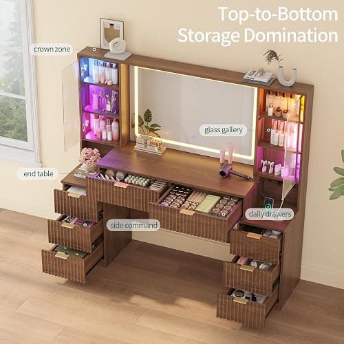 HAUOMS Big Vanity, Fluted Wood Makeup Vanity Desk with Mirror and Sound Sync LED Lights, Large Vanity Dressing Table, 8 Drawers, Charging Station for Girls, Women (Walnut, 59.1" Width) thumbnail 5