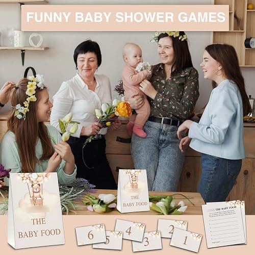 Guess the Baby Food Party Games, Boho Bear Balloon Baby Shower Game Set (1 Standing Sign + 20 Answer Cards + 6 Number Cards), Watercolor Brown Name the Baby Food Game, Baby Shower Favors thumbnail 4