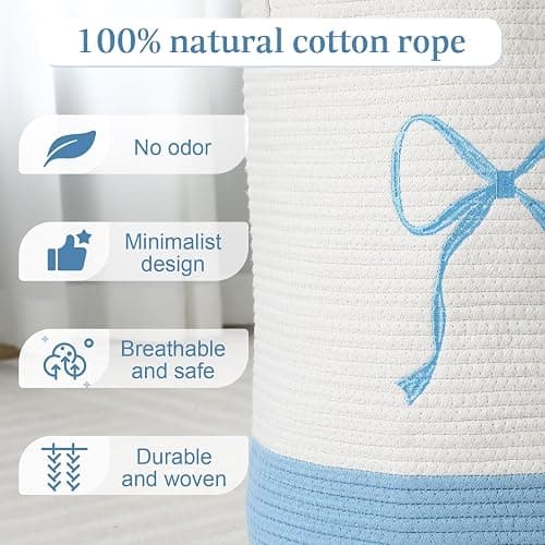 Honeydak Blue Laundry Basket Coquette Bow Hamper 15 x 17.7 Inches | Cotton Rope Hamper with Handle, Teens Girl Room Nursery Decor, Cute Decorative Basket, for Living Room, Storage Toy Clothes thumbnail 3