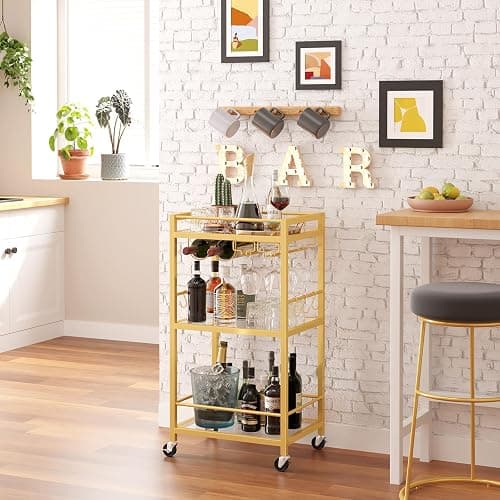 TUTOTAK Bar Cart, Home Bar Serving Cart with 3-Tier Mirrored Shelf, Drink Cart, Mobile Kitchen Shelf with Wine Rack, Gold BC01BB033 thumbnail 3