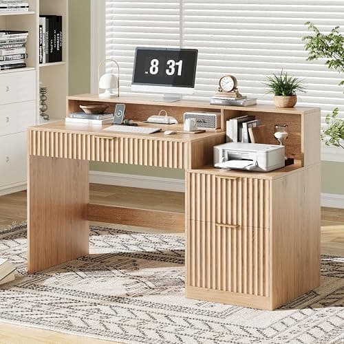 Vabches Fluted Computer Desk with Drawers, Home Office Desk with Power Outlets, Printer Stand and Storage Cabinet, Study Writing Desks with Long Monitor Stand, Oak thumbnail 3
