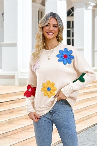 Aedceal Women Floral Sweater Long Sleeve Round Neck Casual Lounge Colorful Flower Knit Pullover Top thumbnail 2