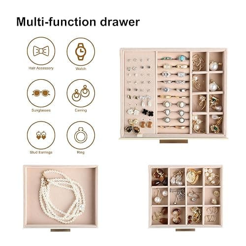 Frebeauty Clear Lid Jewelry Box,3-Layer Jewelry Organizer with Drawer,PU Leather Jewelry Organizers and Storage,Jewelry Boxes for Women,Jewelry Storage for Rings Earring Stud,Gift for Women(White) thumbnail 4
