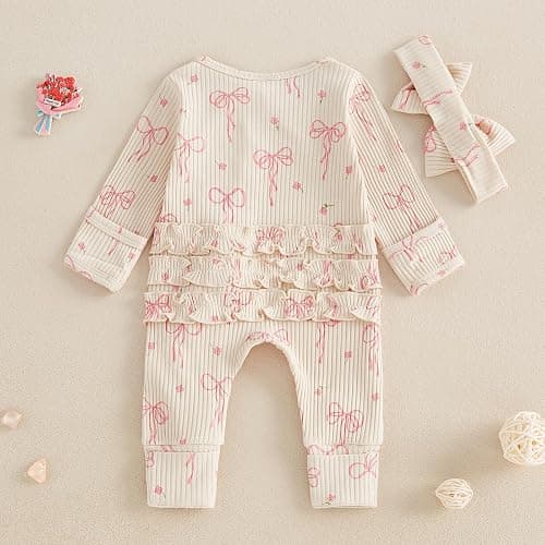 Socutebabe Newborn Baby Girl Coming Home Outfit Ruffle Romper Onesie Cute Ribbed Knit Jumpsuit Winter Clothes and Headband thumbnail 3