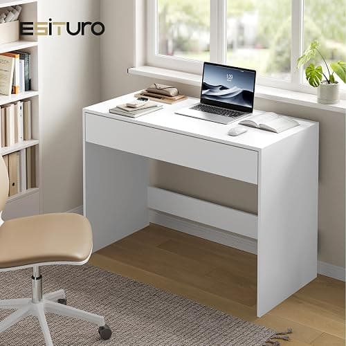 eSituro Computer Desk with Drawer, Home Office Desk 100x50x75 cm, Vanity Table with Storage, Dressing Table for Bedroom, White thumbnail 2