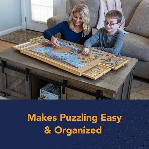 Bits and Pieces Puzzle Board with Drawers – 1500 Piece Jigsaw Puzzle Table Organizer – Premium Wooden Puzzle Board for Adults, 26"x35" Smooth Non-Slip Surface, Portable Puzzle Table with Sorting Trays thumbnail 3