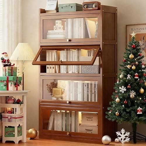 qeknxks 55" Bamboo Bookcases,Book Shelfs with Acrylic Doors,Freestanding Display Storage Shelves for Collectibles,4 Tier Tall Bookshelfs & Bookcases for Living Room Bedroom Home Office - Image 1