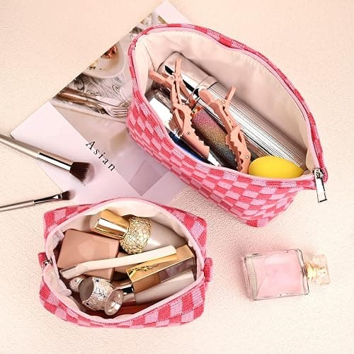 SOIDRAM 2 Pieces Makeup Bag Large Checkered Cosmetic Bag Capacity Canvas Mix Travel Toiletry Bag Organizer Cute Makeup Brushes Aesthetic Accessories Storage Bag for Women, Checkered Mix Rose Red - Rose red thumbnail 4
