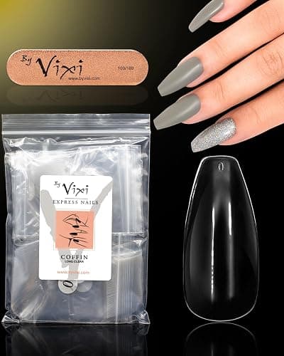 By Vixi 500 LONG COFFIN/BALLERINA NAIL SET with PREP FILE, 10 Sizes - Clear Express Full Cover False Fingernail Extensions for Salon Professionals & Home Use - Image 1