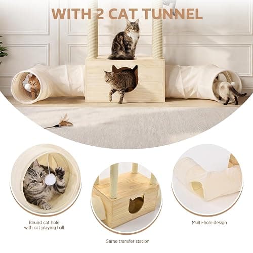 Homiflex Wood Cat Tree with 2 Tunnels, 61''H Pine Wood Cat Tower for Adult Cats, Sturdy & Durable Pet Climbing Systems for Indoor, Multi-Level Wooden Tower with Scratching Posts, Runway, Burlywood thumbnail 3