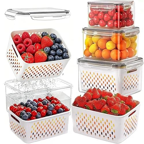 3 Pack Fruit Storage Containers for Fridge with Removable Colander – Airtight Produce Storage Containers with Lids, BPA-Free Berry Keeper for Vegetables, Lettuce & Meal Prep (29oz+59oz+112oz) - Image 1
