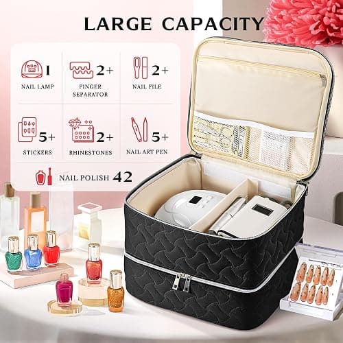 DreamGenius Nail Polish Organizer Case Holds 42 Bottles, Portable Double-Layer Nail Polish Storage Bag with Adjustable Dividers for Manicure Tools, Black thumbnail 2