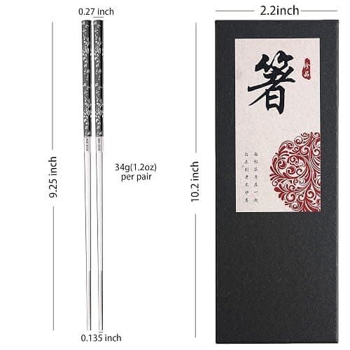 Stainless Steel Chopsticks Titanium Plated Metal Chopsticks Reusable Dishwasher safe Premium Japanese Korean Chopstick Laser Engraved Anti-slip Chop Sticks for Eating 2 Pairs Gift Set Black Silver thumbnail 6