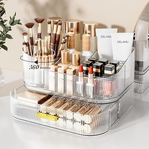Delamu Makeup Organizer for Vanity with Stackable Drawers, 360 Rotating Makeup Brush Holder Large Cosmetic Display Case, Bathroom Skincare Storage, Crystal Clear, Ideal Christmas Gifts for Girls - Image 1