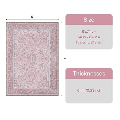 Pink Area Rug 5x7 Washable Rugs Floral Vintage Tumble Carpet for Living Room Bedroom Nursery Room Playroom Dining Room, Soft Non Slip Low Pile, Light Pink Blue thumbnail 2