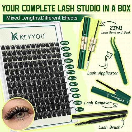 KEYYOU Lash Clusters Kit 144pcs Thick Volume D Curl Eyelash Clusters Lash Extension Kit with Mascara Brush Bond and Seal Glue Remover Applicators and Brush for DIY Lash Extensions (Y02) thumbnail 4