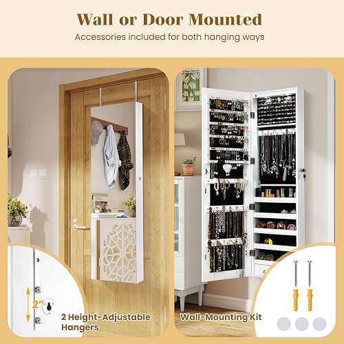 Giantex Wall Door Mounted Jewelry Armoire Cabinet with 47.5" Full Length Mirror, 2 LEDs Lockable Jewelry Organizers and Storage with 2 Drawers, Over the Door Jewelry Organizer Cabinet (White) thumbnail 4