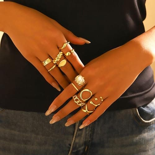Slpytc Chunky Yellow Stackable Rings Set for Women,Vintage Knuckle Rings Dainty Hollow Carved Joint Finger Midi Rings Pack Adjustable Signet Mixed Size thumbnail 3