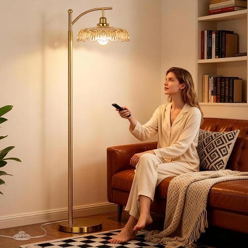 Gold Floor Lamp for Living Room, Dimmable Mid Century Modern Standing Lamp with Remote Control and Amber Glass Shade, 68" Tall Lamp for Bedroom, Vintage Retro Antique Glass Flower Lamp, Brushed Gold thumbnail 8