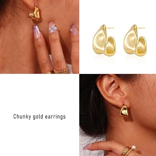 Amicon Chunky Gold Stud Earrings for Women 14k Gold Plated Hypoallergenic Earrings Statement Trendy Fashion Gold Jewelry Gifts thumbnail 5
