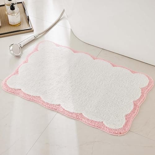 Luxury Microfiber Bathroom Rugs, White Bath Rug with Pink Scalloped Piping Cute Aesthetic Girly Bath Mat for Women's Bathroom, Tub, Floor Carpet, Sink, Shower, Anti Slip, Absorbent, 32x20 - Image 1