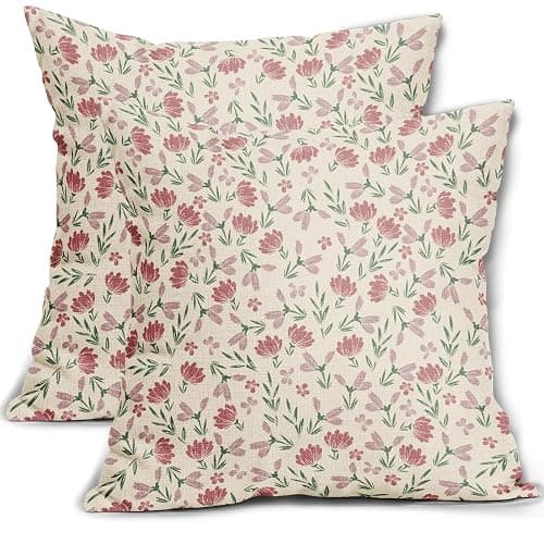 Aytipun Green Pink Floral Pillow Covers 18x18 Set of 2 Vintage Rustic Old Style Cute Small Flower Print Decorative Outdoor Pillowcases Farmhouse Throw Cushion Case Decor for Couch Sofa Bed - Image 1