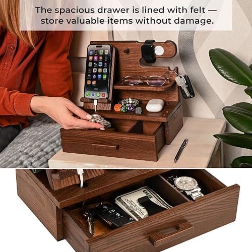 TESLYAR Wood Phone Docking Station with Drawer - Nightstand Organizer - Desk Organizer for Husband - Birthday Gifts for Men, Dad, Anniversary Idea, Key Holder Stand Watch & Accessories (Bourbon Brown) thumbnail 5