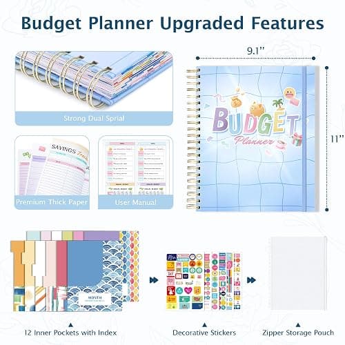 Ospelelf Budget Planner Undated, Money Expense Tracker with Pockets & Stickers, Thick Cardboard Cover, Large Pages for Spacious Writing, Original Fun Colorful Design, 12 Month Financial Notebook, Blue Pool thumbnail 3