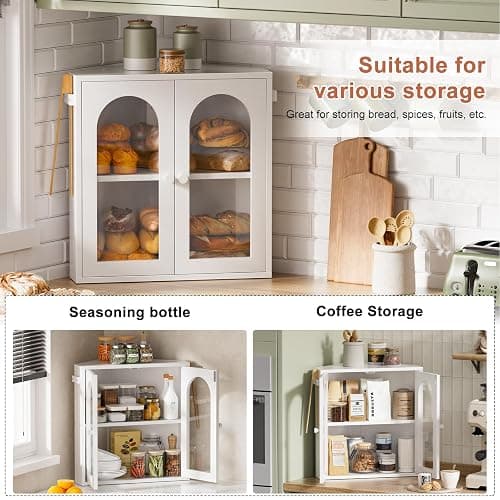 WOWLIVE Corner Bread Box for Kitchen Countertop, 2 Tier Bamboo Bread Storage Container for Homemade Bread with Clear Acrylic Door Panel, Bread Bin Farmhouse Breadbox Organizer (White, Extra Large) thumbnail 6