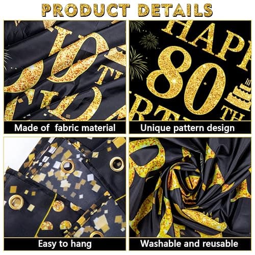 80th Birthday Decorations for Men Women - Happy 80th Birthday Banners Decorations Black Gold 80 Years Birthday Party Favor Backdrop for 80th Birthday Party Sign Decor (71 x 45 inch) thumbnail 6